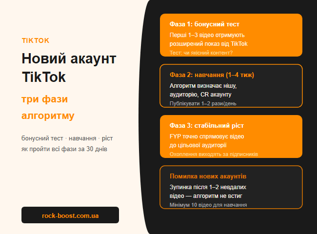 Три фази TikTok-алгоритму для нового акаунта: бонусний старт, навчання і перший ріст